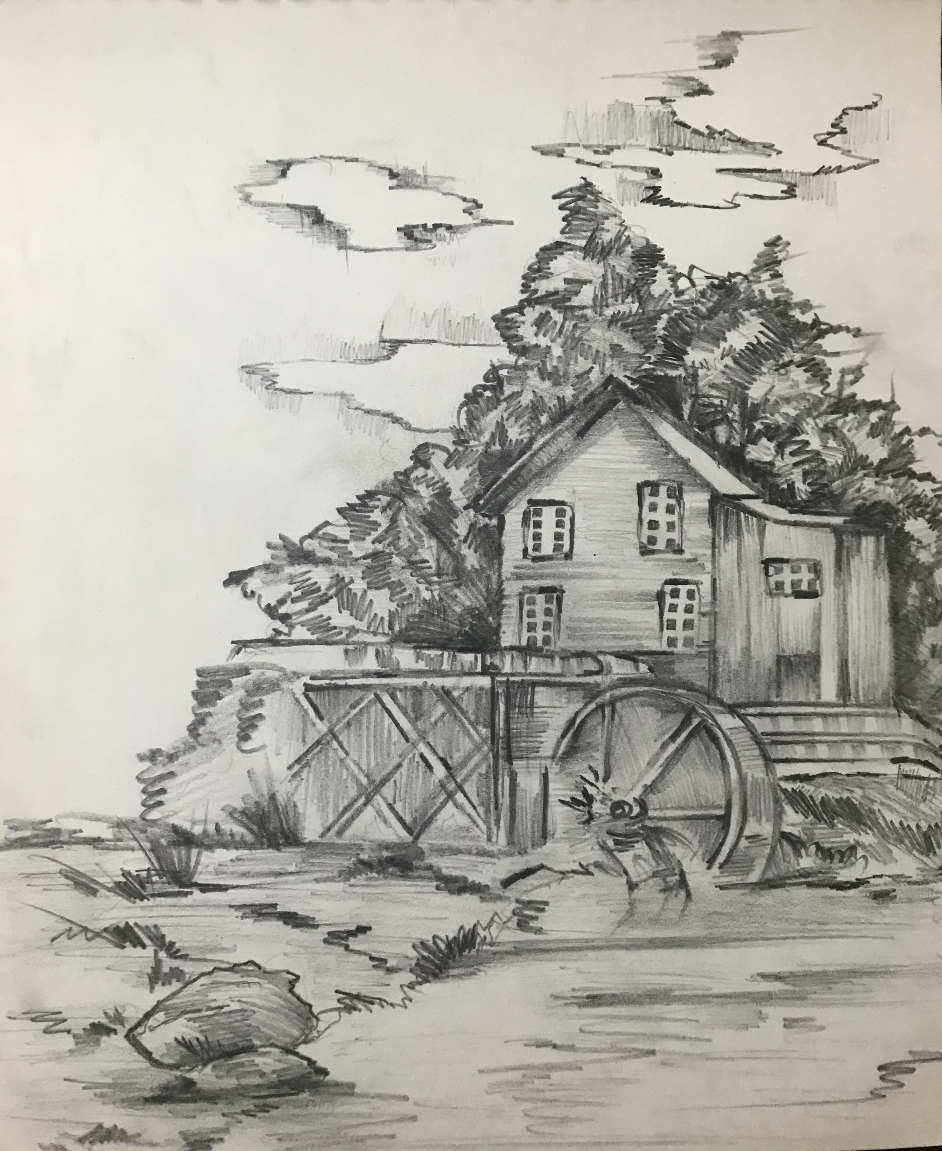 Detailed pencil sketch of a rustic watermill with wooden house and water wheel, showcasing artistic observation and drawing skills